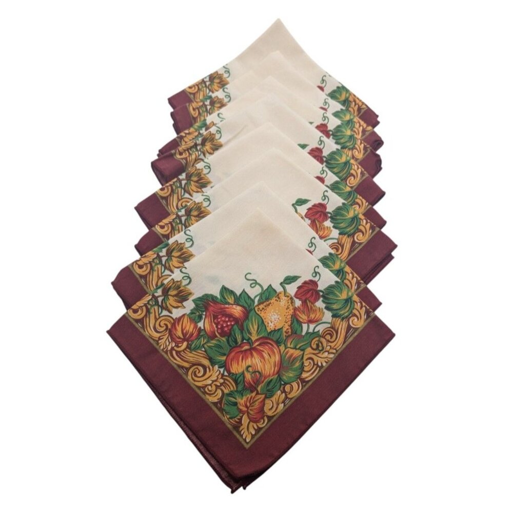 Set Of 8 Autumn Thanksgiving-Themed Napkins With Pumpkin & Gourd Design Burgundy